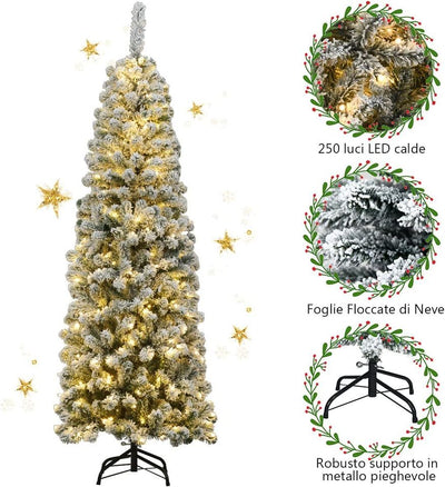 Albero di Natale Slim 135/180/225 cm, Albero di Natale Innevato con 150/250/350 Luci