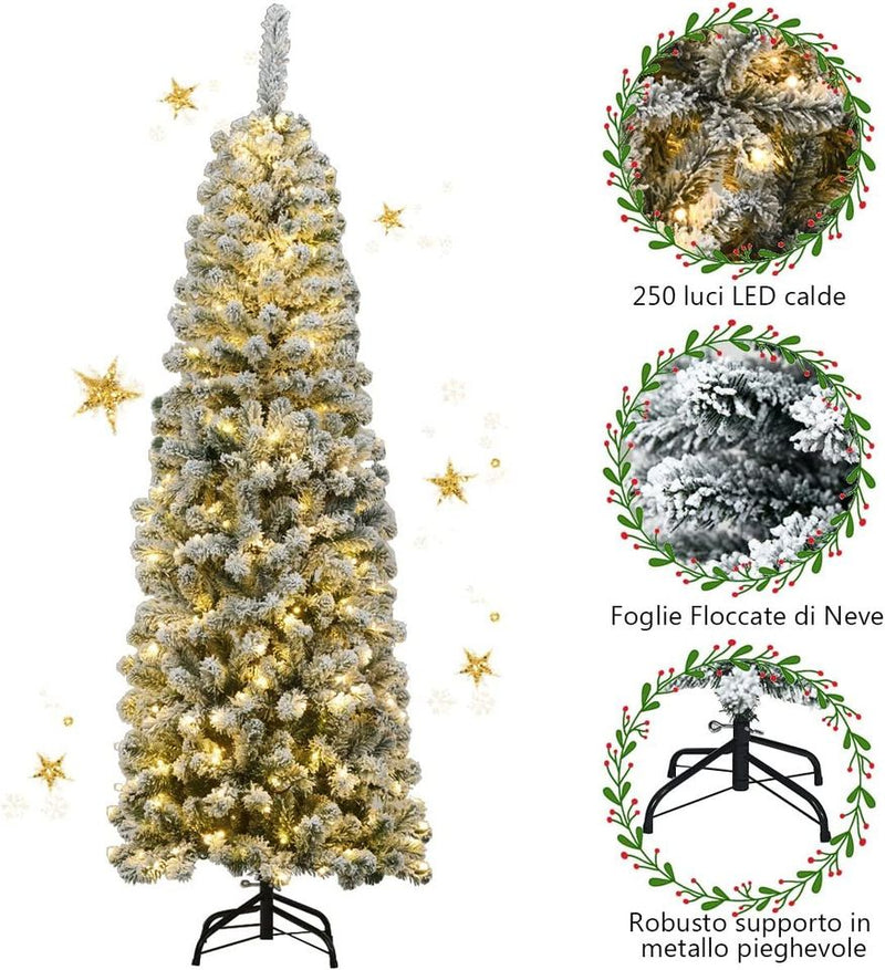 Albero di Natale Slim 135/180/225 cm, Albero di Natale Innevato con 150/250/350 Luci