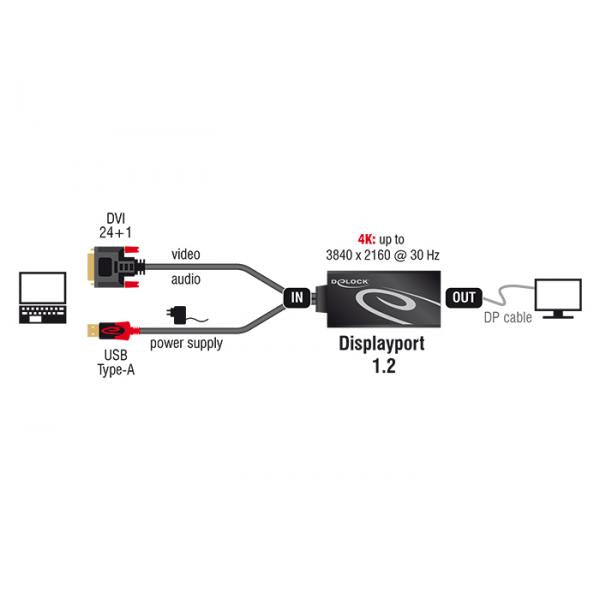 DeLOCK 0.3m, DVI 24+1 + USB-A/Displayport 20p 0,3 m DVI-D + USB HDMI Nero (Delock - video transformer - sort)