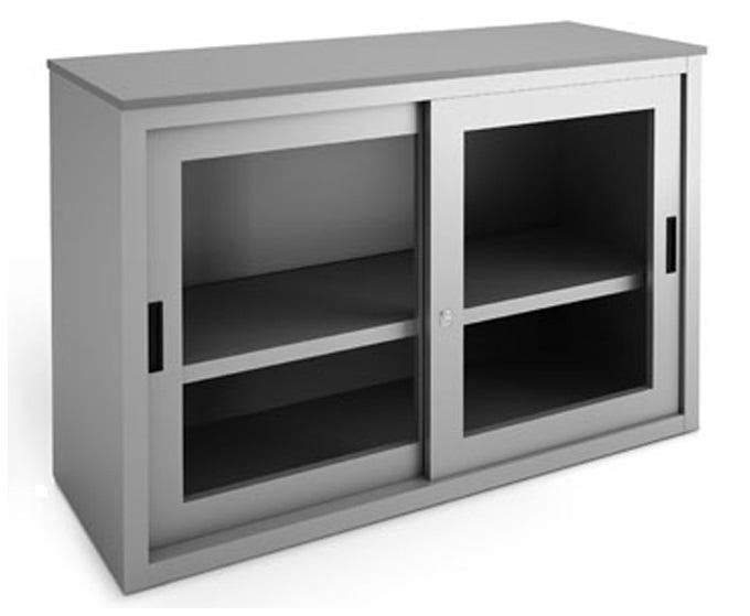 Armadio basso metallico verniciato con top in nobilitato e ante scorrevoli in vetro cm. 150x45x87H