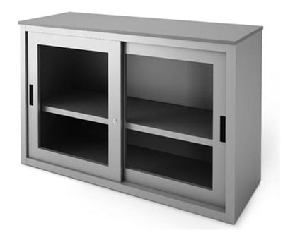 Armadio basso metallico verniciato con top in nobilitato e ante scorrevoli in vetro cm. 150x45x87H