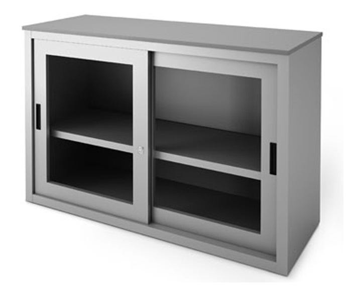 Armadio basso metallico verniciato con top in nobilitato e ante scorrevoli in vetro cm. 150x45x87H
