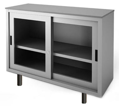 Armadio basso da ufficio con top in legno e ante scorrevoli in vetro su gambette cm. 150x45x99H