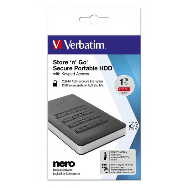 Verbatim Disco rigido portatile Store ?n? Go Secure con tastierino di accesso da 1TB (1TB Verbatim Store n Go USB 3.1 with Keypad Access Black)