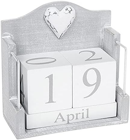 Calendario perpetuo grigio con decorazione a forma di cuore bianco shabby chic, 12 x 12 x 6 cm