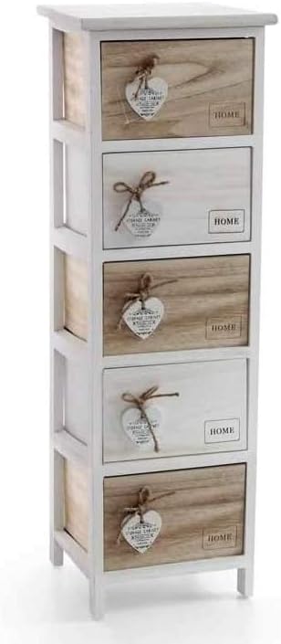 Mobile cassettiera in Legno Bianca/Marrone 5 cassetti Decoro Home Cuore 26 * 32 * 98 cm Shabby Chic EDT-793394