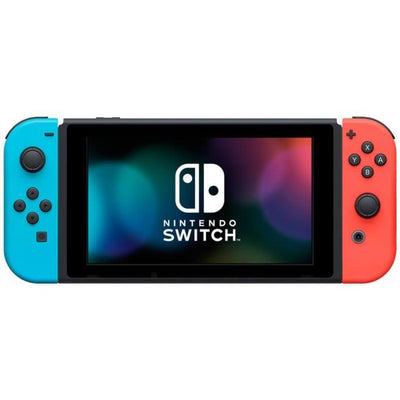 Console Nintendo Switch con una gioia rossa neon e un gioia blu neon