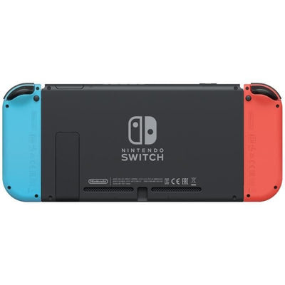 Console Nintendo Switch con una gioia rossa neon e un gioia blu neon