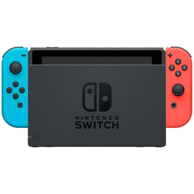 Console Nintendo Switch con una gioia rossa neon e un gioia blu neon