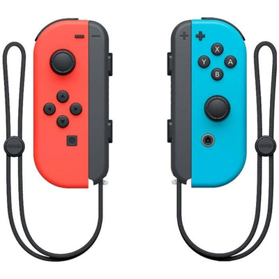 Console Nintendo Switch con una gioia rossa neon e un gioia blu neon