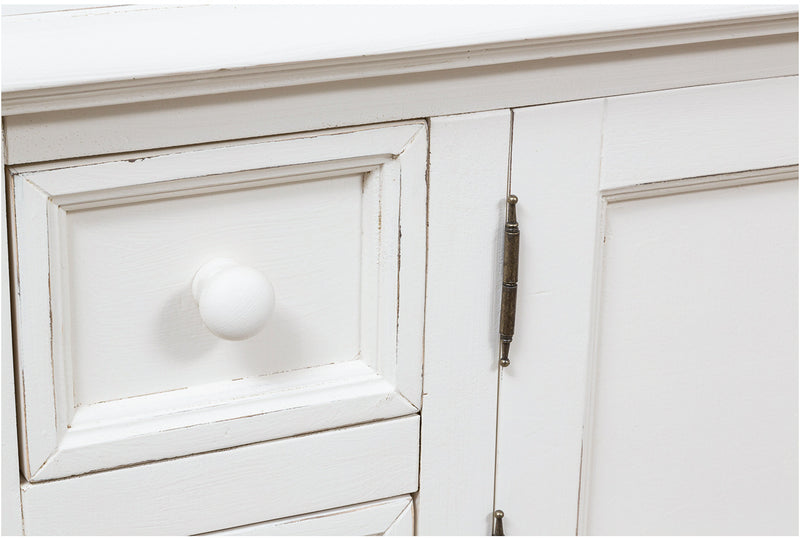 Biscottini Mobile porta tv Country in legno massello di tiglio finitura bianca anticata L150xPR51xH56 cm. Made in Italy