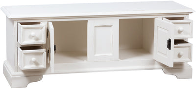 Biscottini Mobile porta tv Country in legno massello di tiglio finitura bianca anticata L150xPR51xH56 cm. Made in Italy