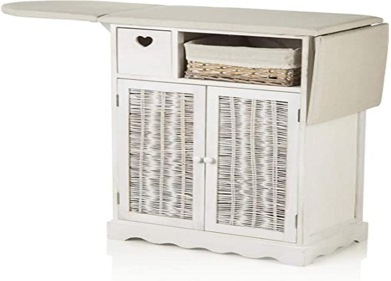 Mobile da Stiro shabby chic bianco con Asse e 1 Cesto in Vimini e 2 Ante 66X37X87 cm (2 ante + 1 cesta vimini)