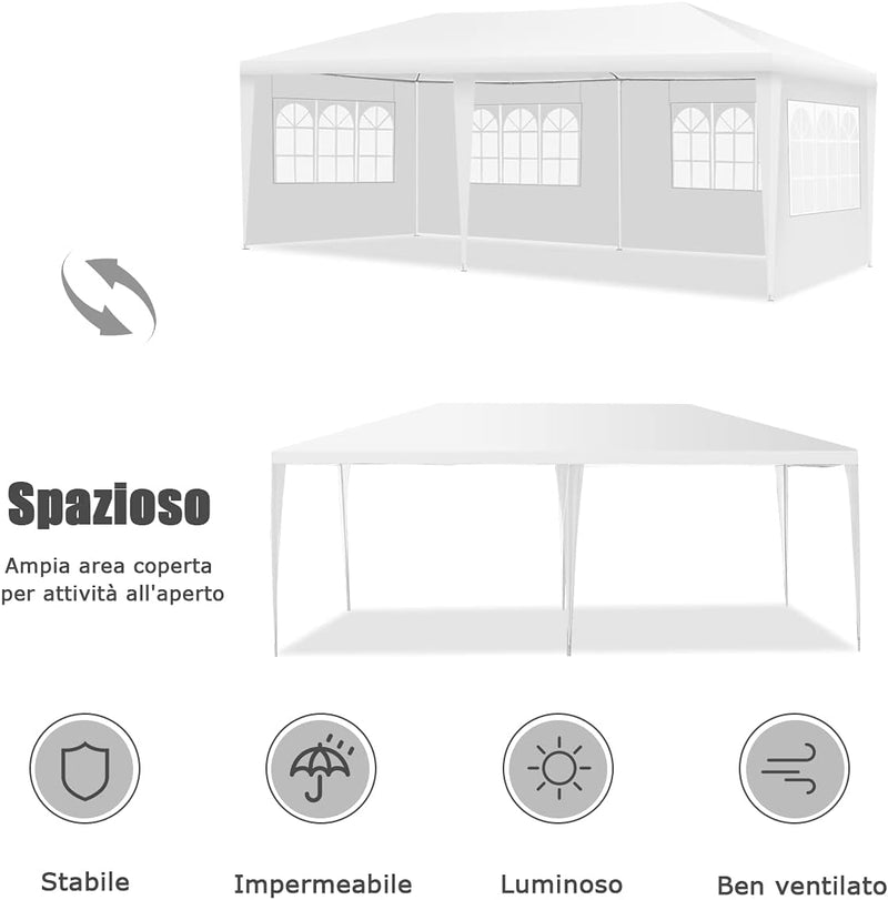 Gazebo da Giardino 6 x 3 m, Tendone per Feste con 4 Pareti Rimovibili, con Borsa di Trasporto, Impermeabile Protezione UV, per Matrimonio Eventi e Barbecue