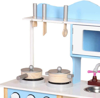 BAKAJI Cucina in Legno Giocattolo per Bambini con Lavello in Acciaio 2 Fornelli Forno Apribile e Microonde Chiusure Magnetiche Pentole Padelle e Accessori Gioco 60 x 30 x 90 cm (Blu)