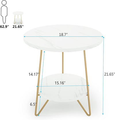 Tavolino in marmo artificiale, 2 ripiani, tavolino rotondo con ripiani, moderno comodino dorato, tavolino piccolo per soggiorno, camera da letto, bianco e oro, 47.5 x 47.5 x 55 cm