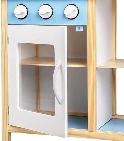 BAKAJI Cucina in Legno Giocattolo per Bambini con Lavello in Acciaio 2 Fornelli Forno Apribile e Microonde Chiusure Magnetiche Pentole Padelle e Accessori Gioco 60 x 30 x 90 cm (Blu)