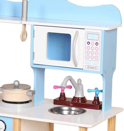 BAKAJI Cucina in Legno Giocattolo per Bambini con Lavello in Acciaio 2 Fornelli Forno Apribile e Microonde Chiusure Magnetiche Pentole Padelle e Accessori Gioco 60 x 30 x 90 cm (Blu)