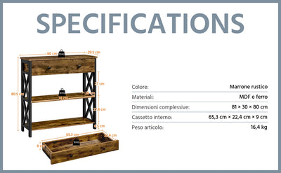 Tavolo Consolle Vintage in MDF e Ferro con Ripiani e Cassetti 80 × 30 × 80 cm Mobile da Ingresso Tavolino per Divano/Sala da Pranzo Stile Industriale Marrone Rustico