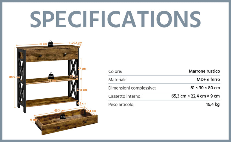 Tavolo Consolle Vintage in MDF e Ferro con Ripiani e Cassetti 80 × 30 × 80 cm Mobile da Ingresso Tavolino per Divano/Sala da Pranzo Stile Industriale Marrone Rustico