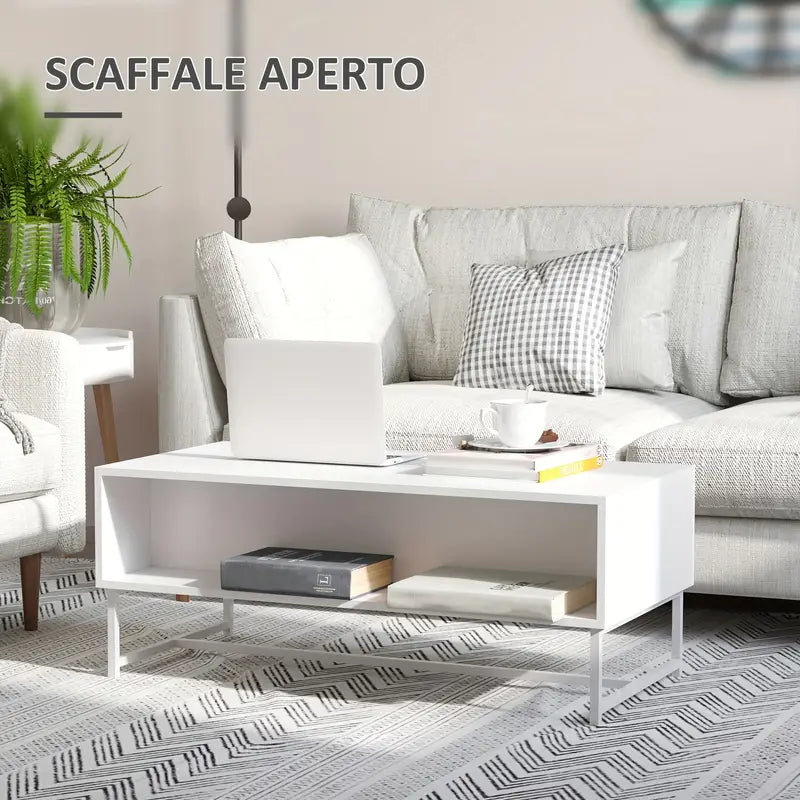 Tavolino da Caffè con 2 Cassetti e Vano Aperto in Legno e Metallo, 100x50x40cm, Bianco e Marrone