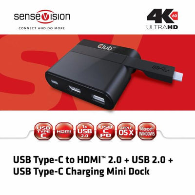 Mini dock con interfaccia Type-C con uscita video HDMI 2.0, Type-C e USB 2.0.