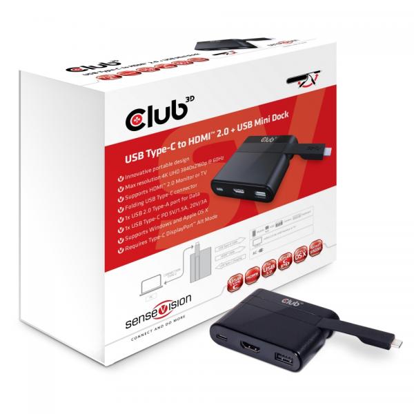 Mini dock con interfaccia Type-C con uscita video HDMI 2.0, Type-C e USB 2.0.