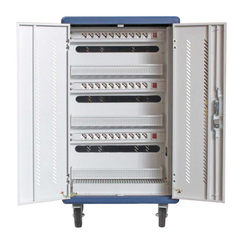 Carrello Stazione di Ricarica USB Ventilato per 30 Notebook/Tablet/Smartphone Bianco/Blu