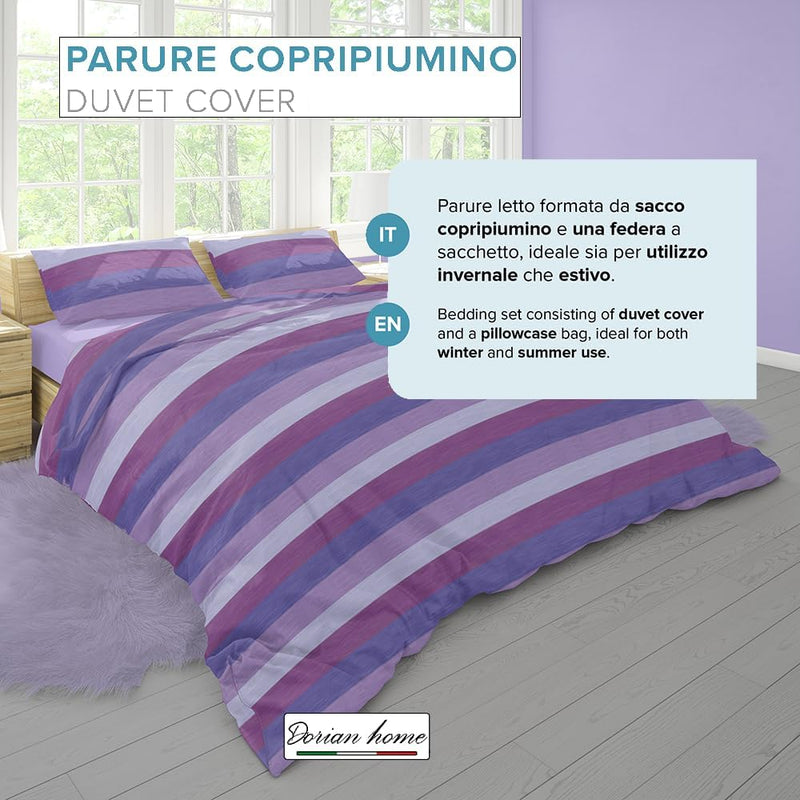 Dorian Home Parure Copripiumino Matrimoniale 250 x 210 cm, Copripiumino Matrimoniale Cotone, Realizzato in 100% Morbido e Puro Cotone, Made In Italy, Fantasia Garda Viola