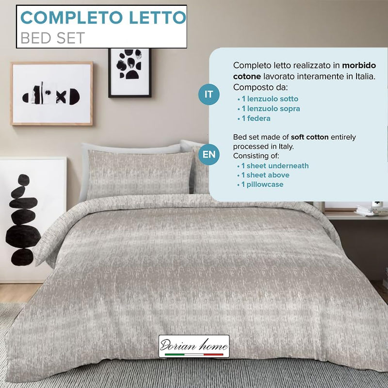 Dorian Home, Completo Letto 1 Piazza e Mezza 100% Cotone, Completo Lenzuola 130 x 200, Formato da Lenzuolo Sotto, Lenzuolo Sopra e una Federa, Made in Italy, Drops Beige