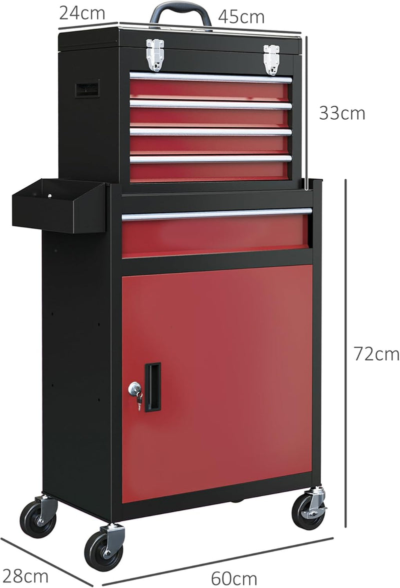 Carrello Porta Attrezzi con 5 Cassetti e Ruote, Cassetta Portautensili Rimovibile, Armadietto con Chiave in Acciaio, Rosso