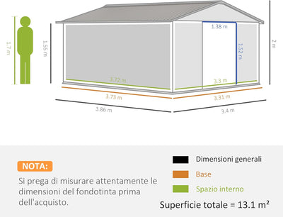 Casetta da Giardino 12.4m² con Fondazione, 4 Prese d'Aria e 2 Porte Scorrevoli, Capanno Porta Attrezzi in Lamiera d'Acciaio, 340x386x200 cm, Grigio Chiaro