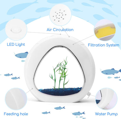 Acquario Nano Fish Tank con luci LED incorporate e Pompa dell'Acqua, acquari Tropicali, 4 Litri, Bianco