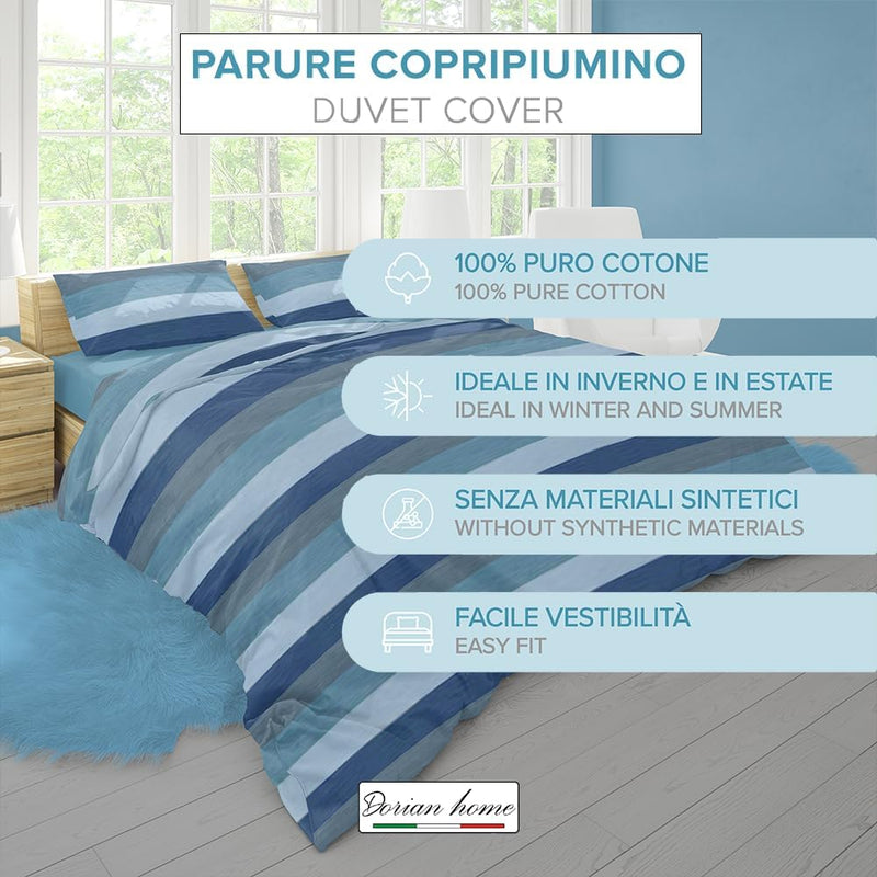 Dorian Home, Parure Copripiumino 1 Piazza e Mezza 200 x 210, Realizzato in 100% Morbido e Puro Cotone, Made in Italy, Fantasia Garda Blu