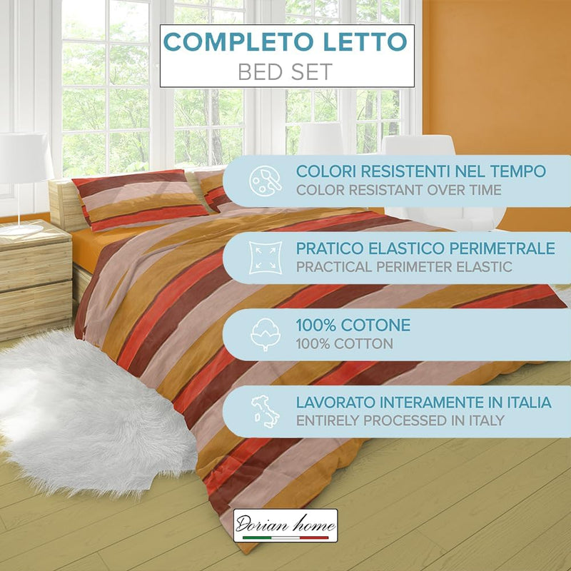 Dorian Home, Completo Letto 1 Piazza e Mezza 100% Cotone, Completo Lenzuola 130 x 200, Formato da Lenzuolo Sotto, Lenzuolo Sopra e una Federa, Made in Italy, Garda Arancio