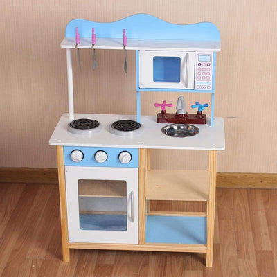 BAKAJI Cucina in Legno Giocattolo per Bambini con Lavello in Acciaio 2 Fornelli Forno Apribile e Microonde Chiusure Magnetiche Pentole Padelle e Accessori Gioco 60 x 30 x 90 cm (Blu)