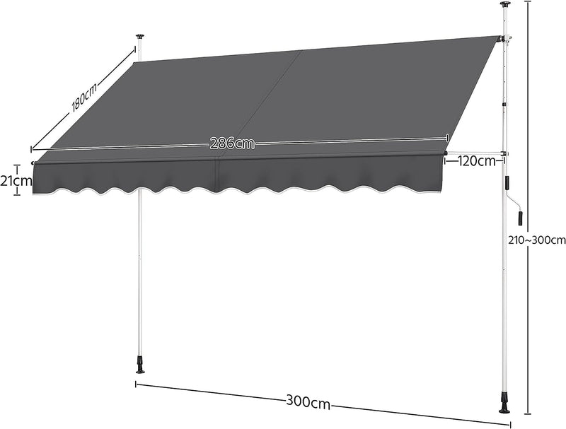 Tenda da Sole per Balcone Veranda a Bracci con Manovella Regolabile Telo Avvolgibile Larghezza 180 cm Resistente ai Raggi UV Telaio Telescopico Senza Forare 300 x 120 cm/Grigio