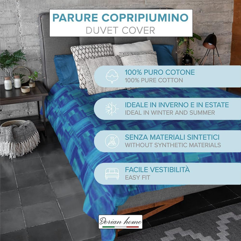 Dorian Home, Parure Copripiumino 1 Piazza e Mezza 200 x 210 cm, Realizzato in 100% Morbido e Puro Cotone, Made in Italy, Fantasia Varazze Azzurro