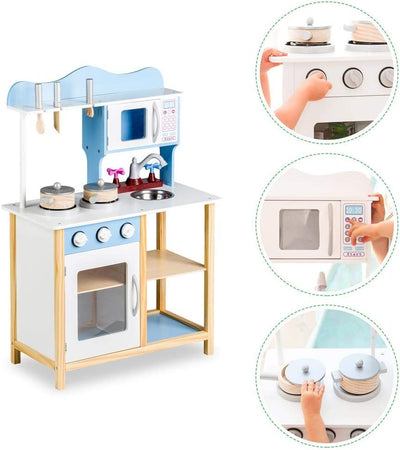 BAKAJI Cucina in Legno Giocattolo per Bambini con Lavello in Acciaio 2 Fornelli Forno Apribile e Microonde Chiusure Magnetiche Pentole Padelle e Accessori Gioco 60 x 30 x 90 cm (Blu)