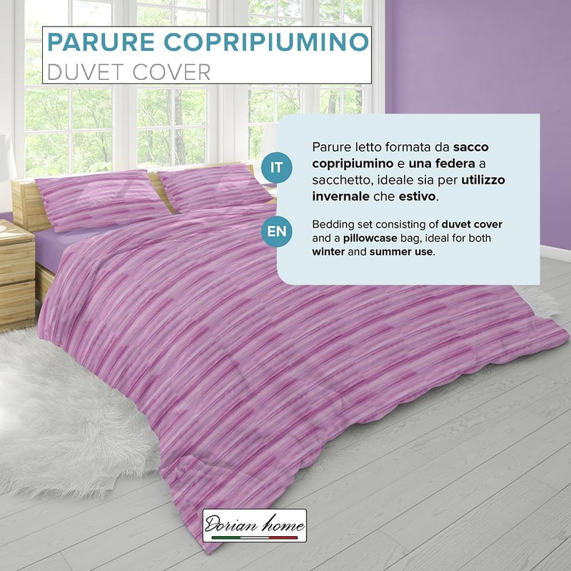 Dorian Home Parure Copripiumino Matrimoniale 250 x 210 cm, Copripiumino Matrimoniale Cotone, Realizzato in 100% Morbido e Puro Cotone, Made In Italy, Fantasia Laveno Viola