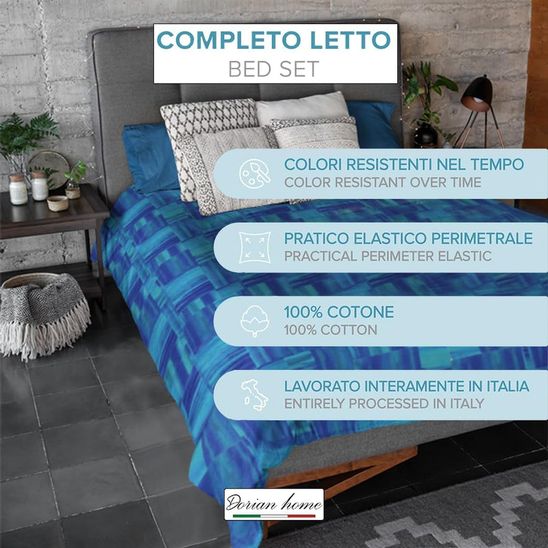 Dorian Home Completo Letto Singolo, Set Completo lenzuola, Lenzuola Letto Singolo 100% Cotone 90x200 cm, Lenzuolo Sotto, Lenzuolo Sopra e Una Federa, Made in Italy, Varazze Azzurro