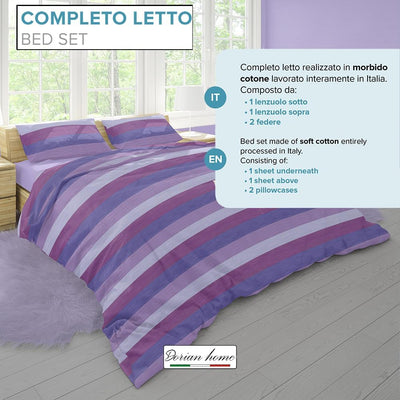 Dorian Home Completo Letto Matrimoniale, Lenzuola Matrimoniali 100% Cotone 180x200 cm, Formato dal Lenzuolo Sopra, Lenzuolo Sotto e Due Federe, Made in Italy, Fantasia Garda Viola