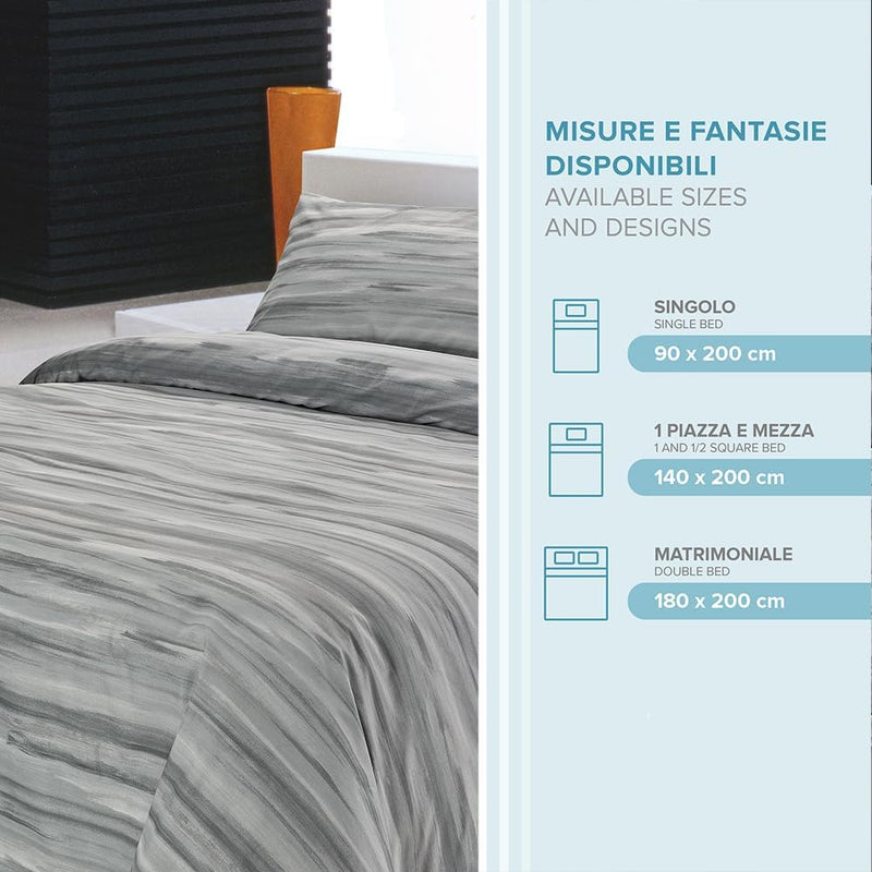 Dorian Home Completo Letto Matrimoniale, Lenzuola Matrimoniali 100% Cotone 180x200 cm, Formato dal Lenzuolo Sopra, Lenzuolo Sotto e Due Federe, Made in Italy, Fantasia Laveno Grigio