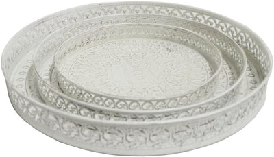 Vassoio Rotondo Metallo Casa Campagna Vintage Antico Ripiano Marrone Shabby Chic - Bianco, Set da 3