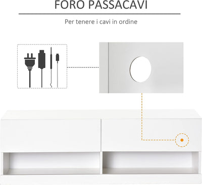 Mobile TV Sospeso in Legno, Mobile Porta TV Moderno con Luci LED di 20 Colori, per TV Max. 42", Bianco Lucido, 120x35x40.5cm