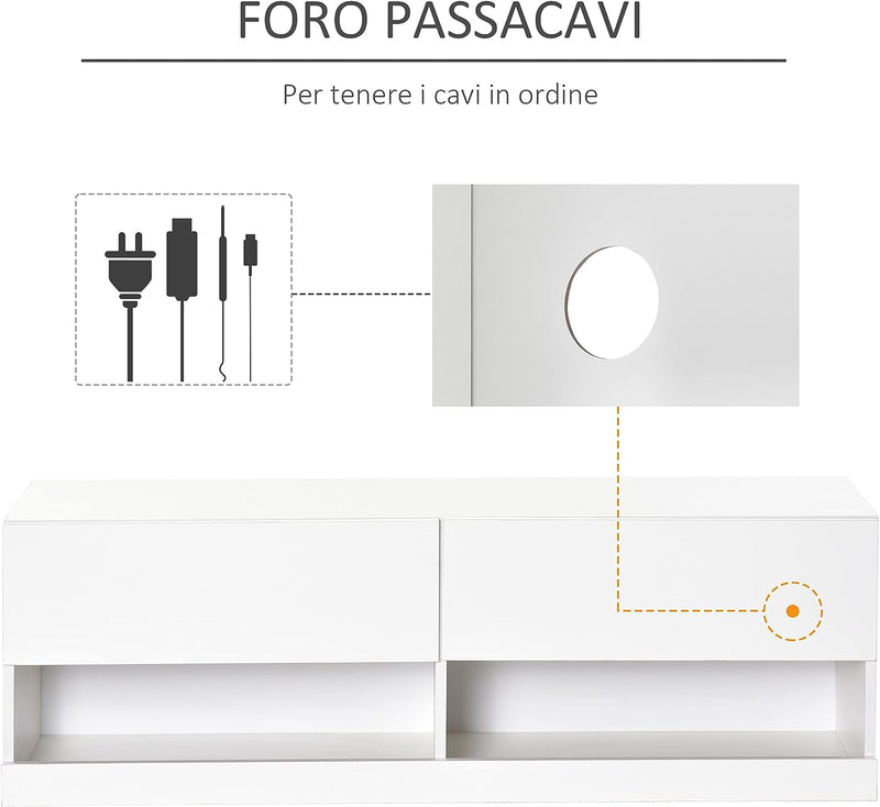 Mobile TV Sospeso in Legno, Mobile Porta TV Moderno con Luci LED di 20 Colori, per TV Max. 42", Bianco Lucido, 120x35x40.5cm