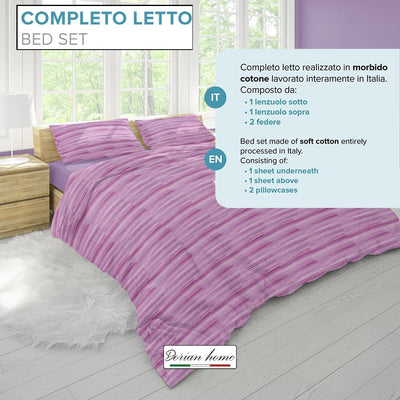 Dorian Home, Completo Letto 1 Piazza e Mezza 100% Cotone, Completo Lenzuola 130 x 200, Formato da Lenzuolo Sotto, Lenzuolo Sopra e una Federa, Made in Italy, Laveno Viola