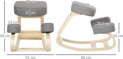 Sedia Ergonomica con Inginocchiatoio in Legno di Betulla, Sedia Posturale con Cuscino in Gommapiuma e Poliestere per Casa e Ufficio, Grigio