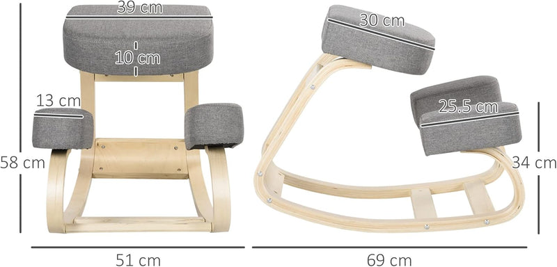 Sedia Ergonomica con Inginocchiatoio in Legno di Betulla, Sedia Posturale con Cuscino in Gommapiuma e Poliestere per Casa e Ufficio, Grigio