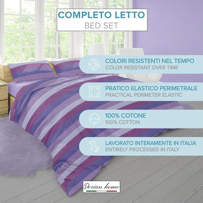 Dorian Home, Completo Letto 1 Piazza e Mezza 100% Cotone, Completo Lenzuola 130 x 200, Formato da Lenzuolo Sotto, Lenzuolo Sopra e una Federa, Made in Italy, Garda Viola